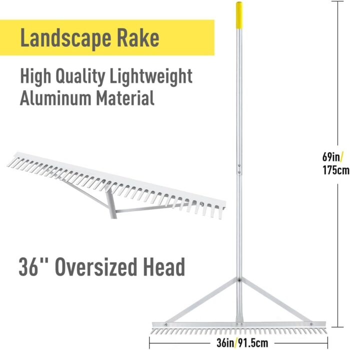 The high-quality aluminum construction of the landscape rake tool, ensuring durability and rust resistance.