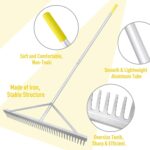 Close-up of the dual-sided landscape rake, one side for raking and the other for leveling, ideal for garden tools.