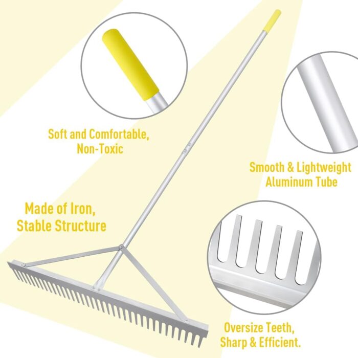 Close-up of the dual-sided landscape rake, one side for raking and the other for leveling, ideal for garden tools.