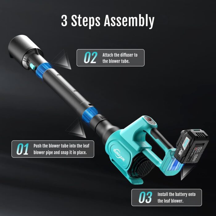 Two-piece air tube on the garden tools cordless leaf blower for wide or focused airflow.