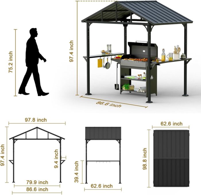 Close-up of the heavy-duty aluminum frame of the BBQ gazebo for stability in strong winds.