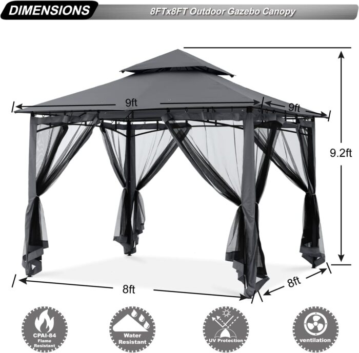 The gazebo provides 64 sq. ft. of coverage, ideal for outdoor gatherings.