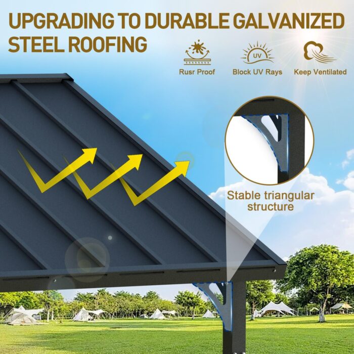 The galvanized steel roof of the BBQ gazebo, UV-resistant and durable for outdoor use.