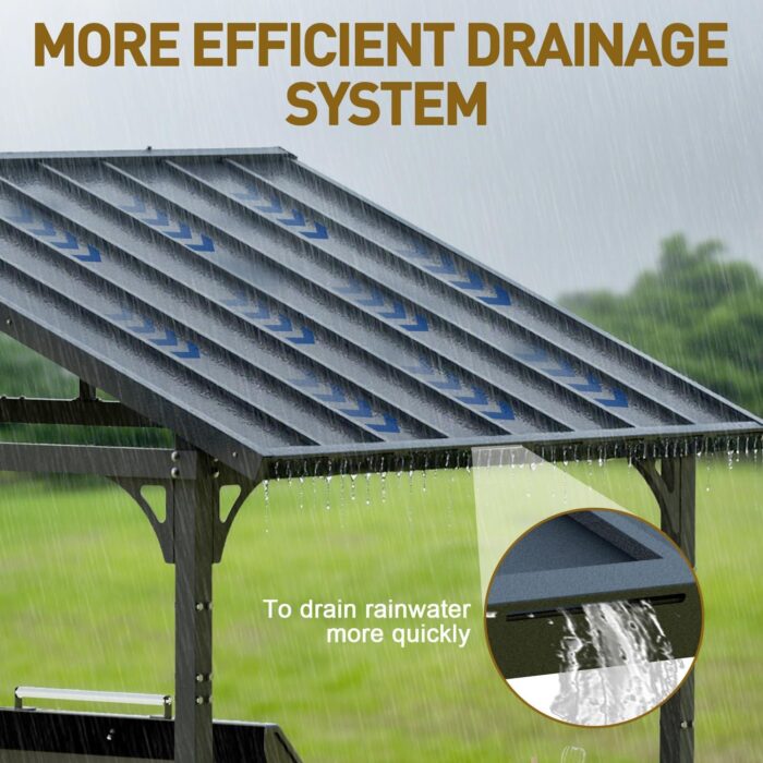 The roof drainage system on the BBQ gazebo ensures efficient runoff during rain and snow.