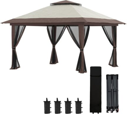 The gazebo set up in a garden with mesh netting for protection against insects.