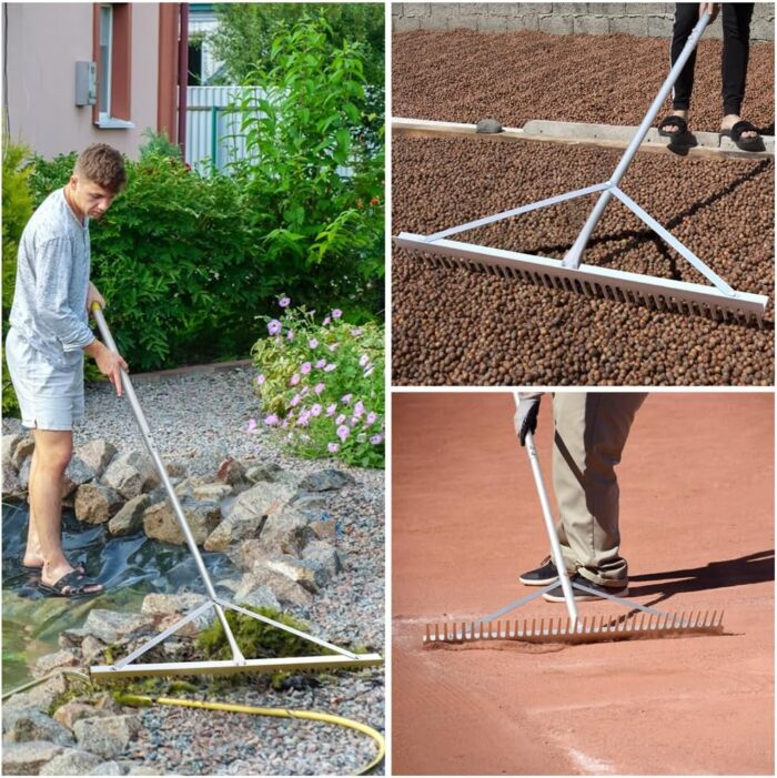 Using the landscape rake to clean leaves from a garden, showing its versatility as a garden tools tool.