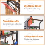 Full view of the garden tool organizer with tools stored and ready for use in a garage or shed.
