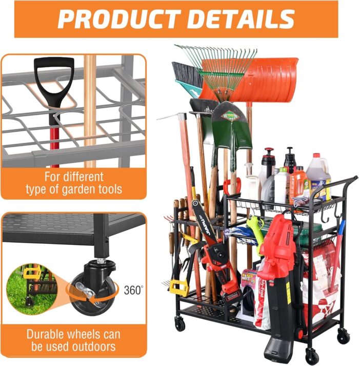 Close-up of garden tool organizer’s multi-directional wheels, highlighting mobility.