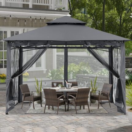 The gazebo with a top hook for hanging a chandelier or fan, adding functionality and comfort.
