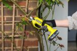 A gardener using Ryobi garden tools secateurs to prune plants, promoting healthy growth.
