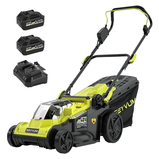 Garden tools – The electric lawn mower showing the full 16-inch cutting width and grass collection bag.