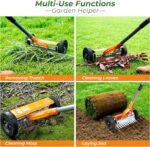 The garden tools dethatching roller rake removing thatch, moss, leaves, and debris efficiently.