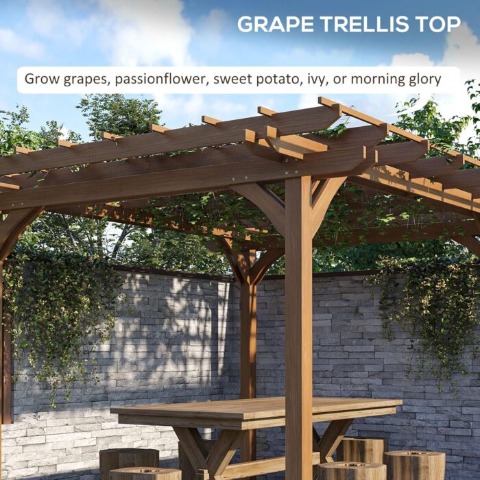 The Wood Grape Gazebo offers 12x10 ft of coverage, accommodating furniture and guests comfortably.