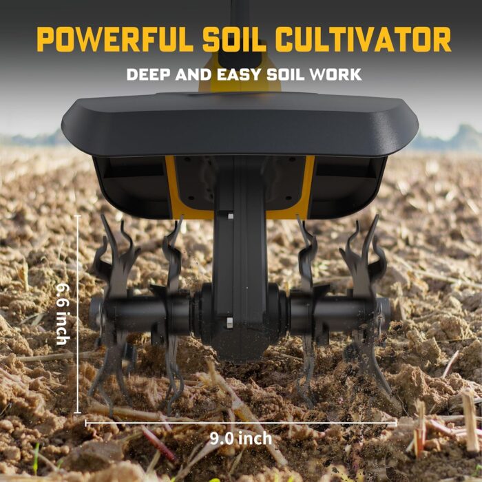 Ergonomic handle of the garden tools cordless tiller for comfortable use in gardens.