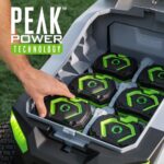 The EGO riding lawn mower features 12 cutting height settings for a customizable lawn care experience.