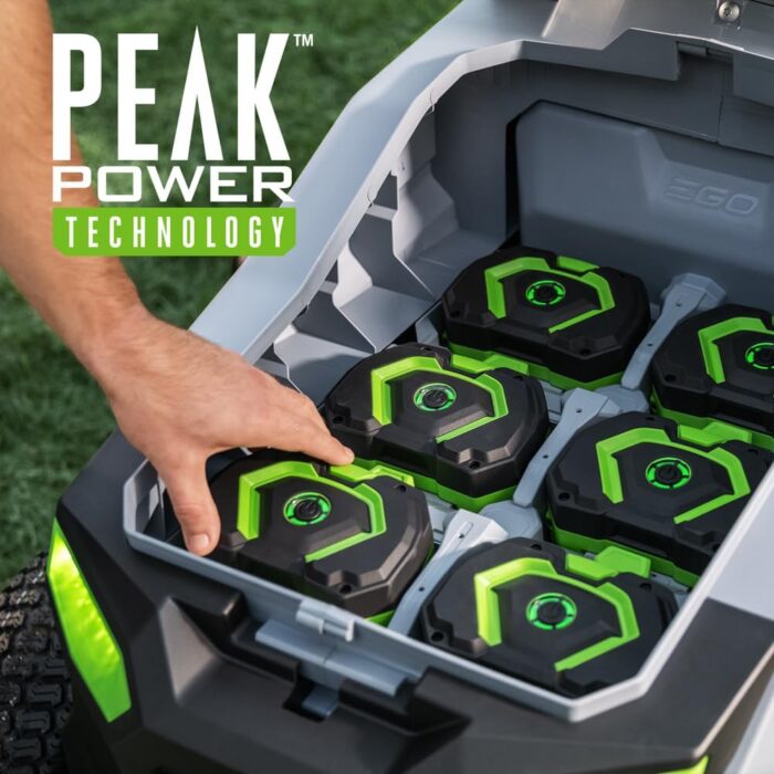 The EGO riding lawn mower features 12 cutting height settings for a customizable lawn care experience.