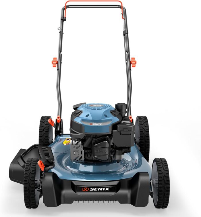 Close-up of the gas lawn mower's 144cc 4QL engine, providing reliable power.