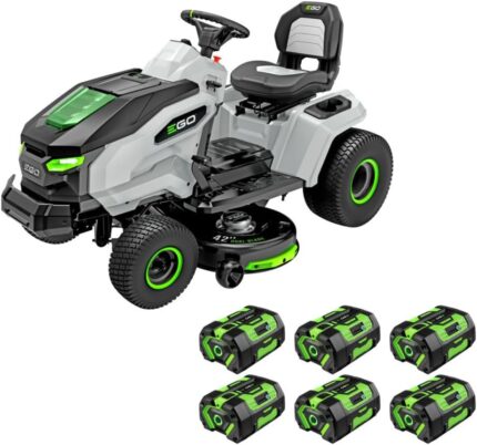 Battery-powered EGO 42" riding lawn mower, offering 21-horsepower equivalent power for efficient mowing.