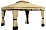 The outdoor gazebo set up with a two-tier canopy, mesh netting, and spacious area for relaxing outdoors.