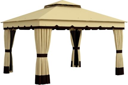 The outdoor gazebo set up with a two-tier canopy, mesh netting, and spacious area for relaxing outdoors.