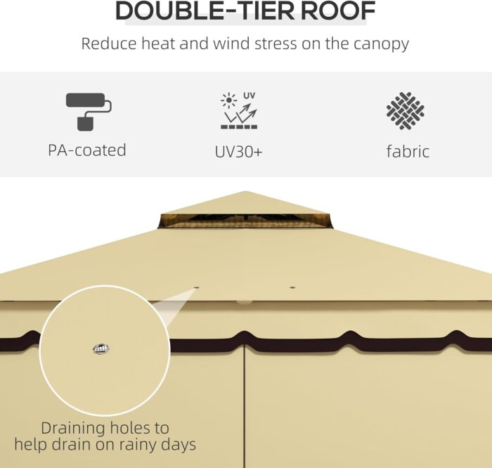The outdoor gazebo with a UV-protected two-tier canopy, designed for optimal sunlight control and airflow.