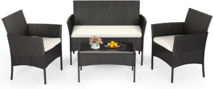 The 3-piece patio furniture set with wicker rattan chairs and a glass table, perfect for outdoor settings.