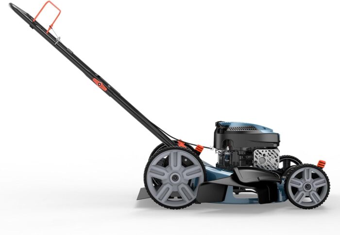 The gas lawn mower with reduced emissions and quieter operation for cleaner lawn care.