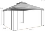 The outdoor gazebo set up in a backyard with double-tier canopy and corner shelves.