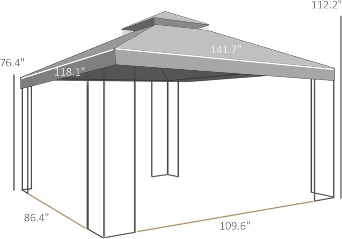 The outdoor gazebo set up in a backyard with double-tier canopy and corner shelves.