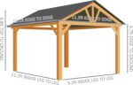 The wooden gazebo set up outdoors with galvanized steel roof and ceiling hook for patio use.