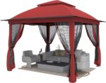 The gazebo canopy set up outdoors with mesh netting and curtains, perfect for a shaded outdoor gathering.