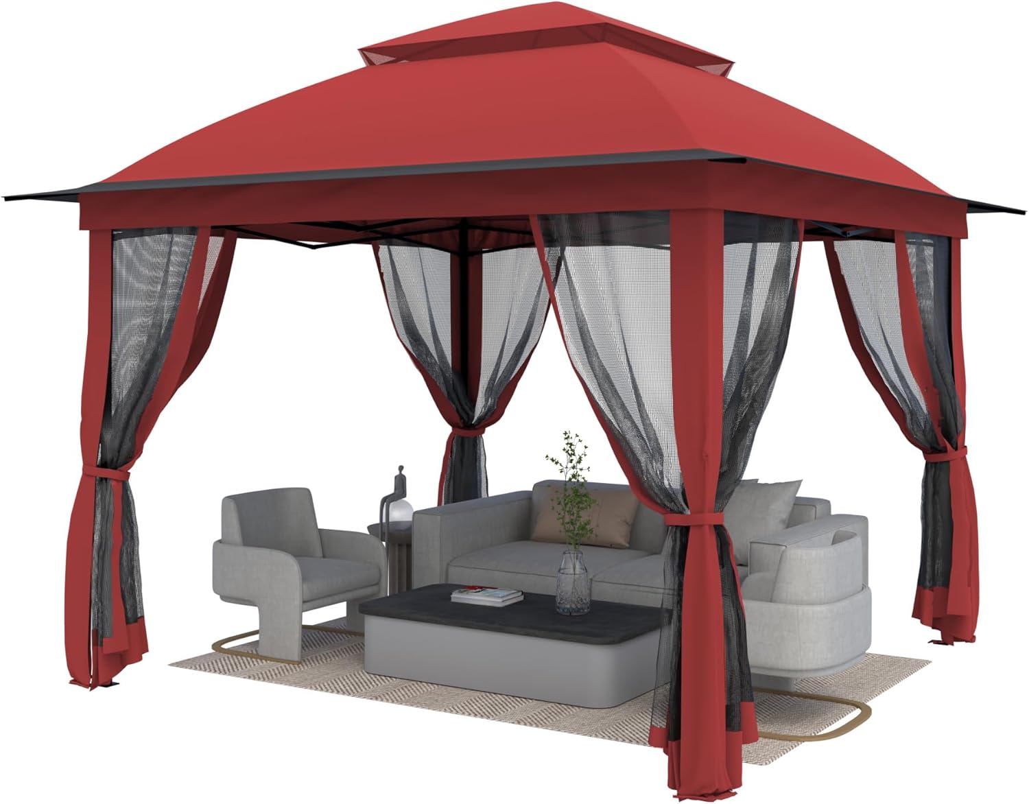 Outsunny 11x11 Gazebo Canopy The gazebo canopy set up outdoors with mesh netting and curtains, perfect for a shaded outdoor gathering.