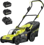 The electric lawn mower showing the full 16-inch cutting width and grass collection bag.