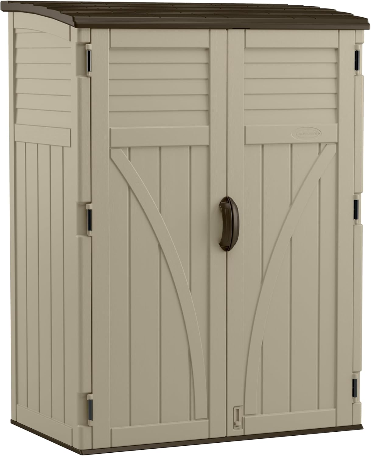 Suncast Vertical Storage Shed Overview Durable sheds for garden tools with 54 cubic feet of storage and lockable doors for outdoor organization.