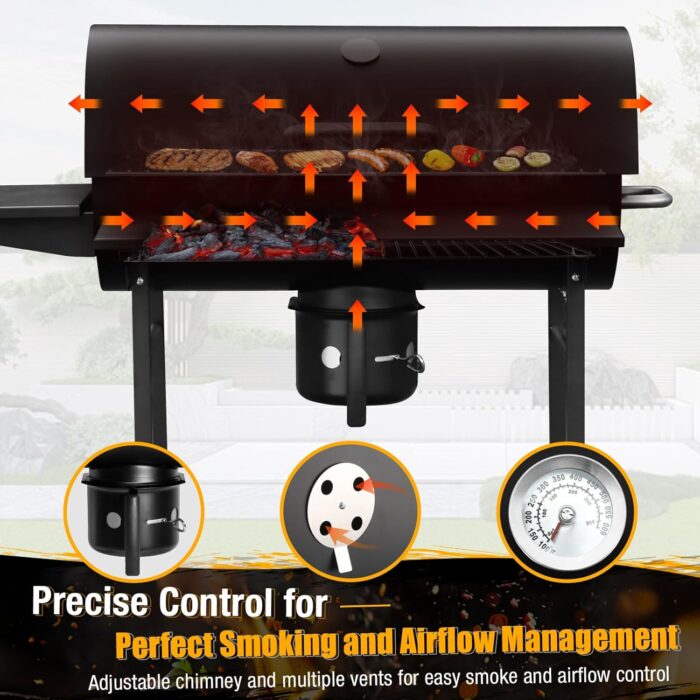 Removable ash holder and center-lift charcoal grate make cleanup simple for this outdoor cooking for BBQ grill.