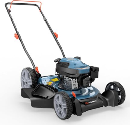 Powerful 144cc gas lawn mower with a 21-inch cutting width, ideal for large lawns.
