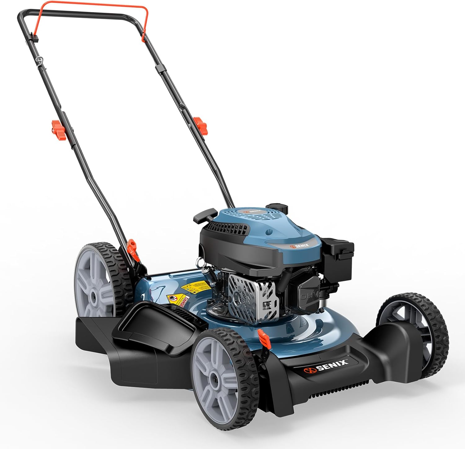 Gas Lawn Mower Overview Powerful 144cc gas lawn mower with a 21-inch cutting width, ideal for large lawns.