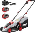 The electric lawn mower with 13-inch cutting width and dual 20V batteries.
