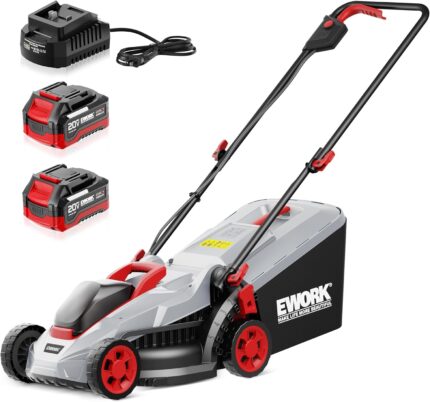 The electric lawn mower with 13-inch cutting width and dual 20V batteries.