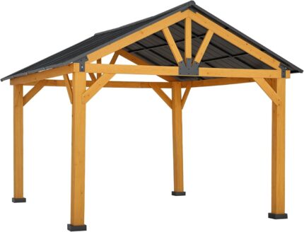 Close-up of the wooden gazebo frame showing triangle support design for stability.