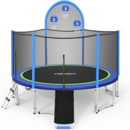 The outdoor trampoline with 1500LBS weight capacity and safety net, perfect for family fun and safe jumping.