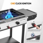 Spacious lower shelf on this outdoor cooking stove provides storage and convenience for outdoor cooking tasks.