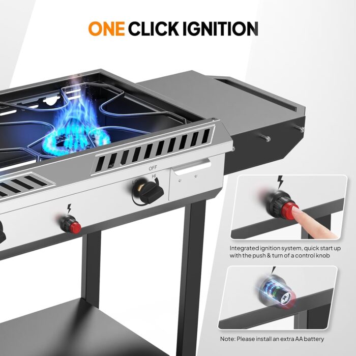 Spacious lower shelf on this outdoor cooking stove provides storage and convenience for outdoor cooking tasks.