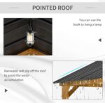 Slanted galvanized steel roof of the wooden gazebo protects from rain and UV rays.