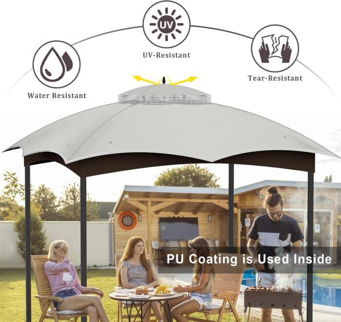 The gazebo canopy with water-resistant properties, designed for year-round outdoor use.