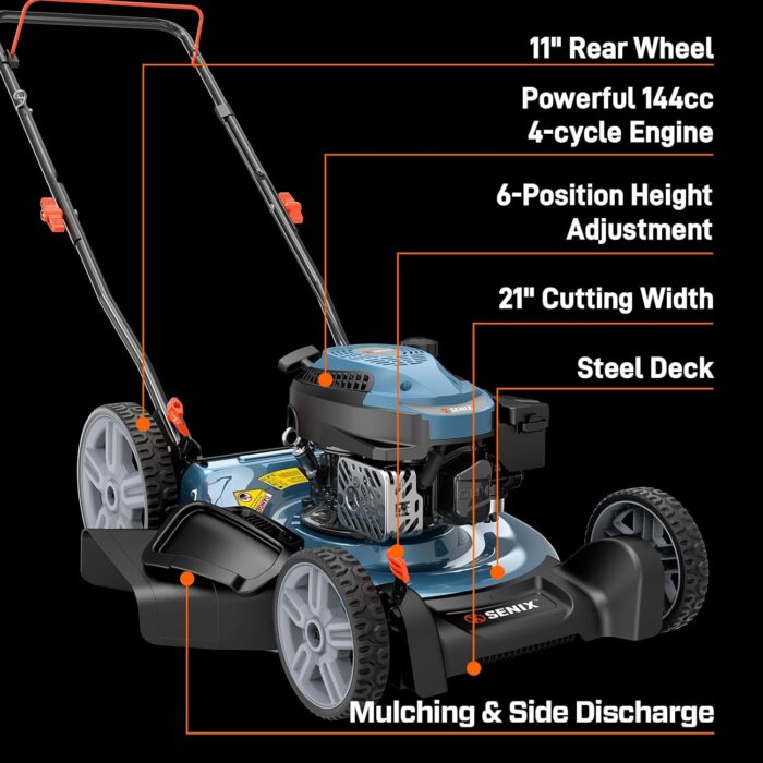 Versatile gas lawn mower offering both mulching and side discharge capabilities.