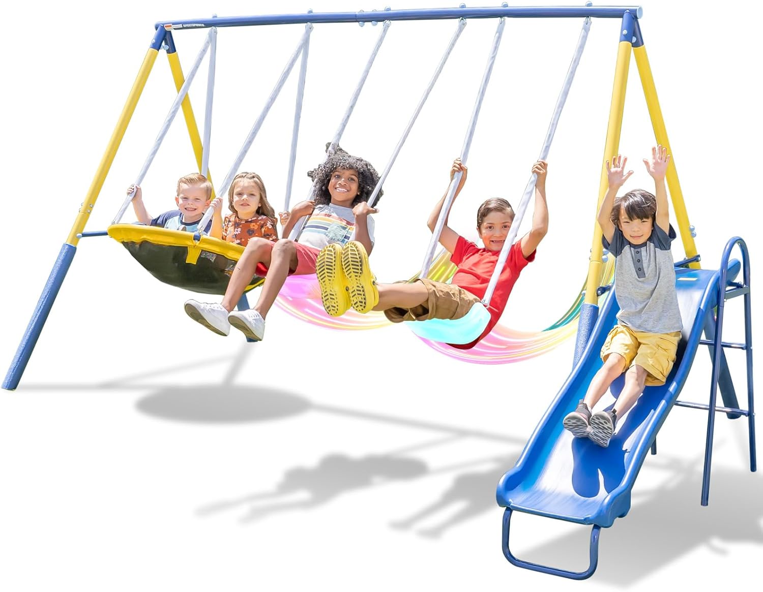 Sportspower Starlight Swing Set Overview Fun and safe swing set with LED swings, saucer swing, and 5ft slide for kids, with a 500lbs weight capacity for outdoor play.