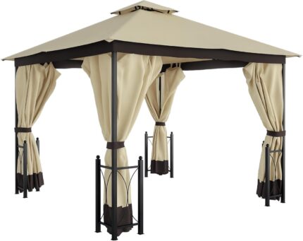 The outdoor gazebo set up outdoors with double roof, mesh netting, and curtains for shade and privacy.