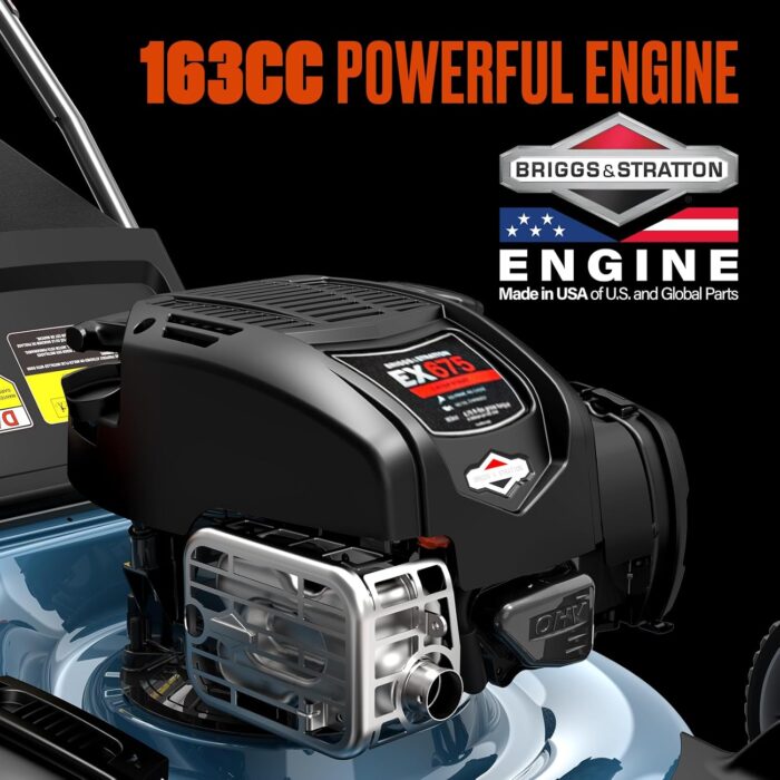 The gas lawn mower comes with a 16-gallon grass collection bag for less frequent emptying.