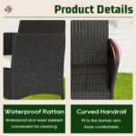 The sleek and modern glass-top table complementing the wicker rattan chairs in the patio furniture set.